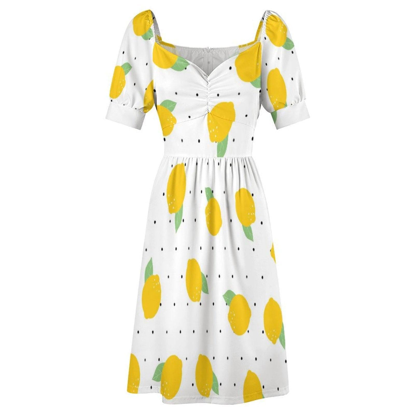 Lemon print midi dress, puff sleeve summer dress, sweetheart neckline, white citrus sundress, vacation outfit