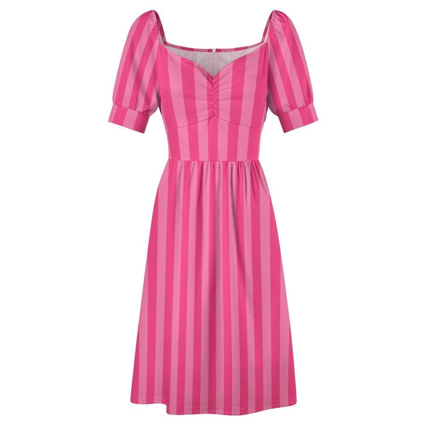 Pink Striped Babydoll Dress, Sweetheart Puff Sleeve Sundress, Cottagecore Picnic Outfit