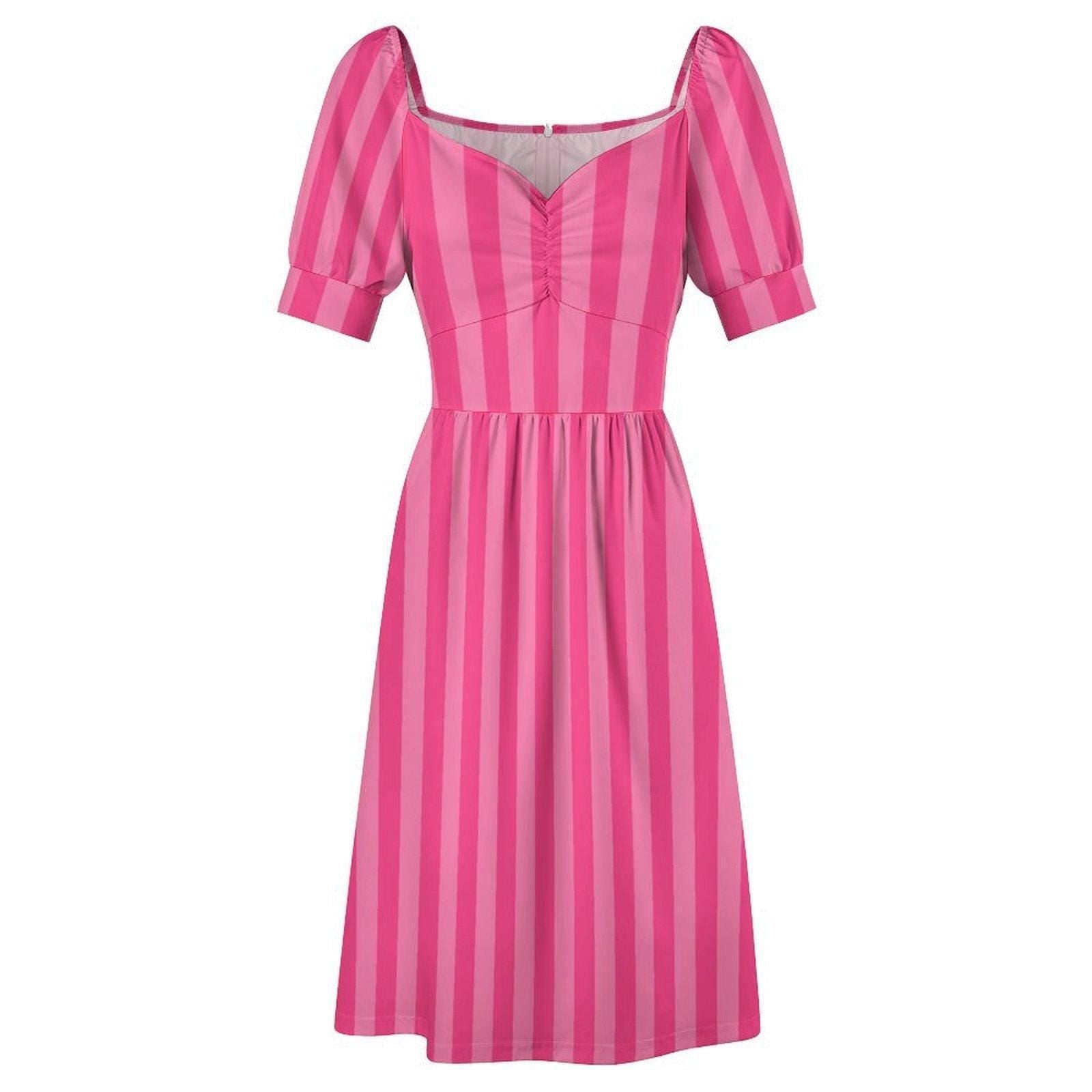 Pink Striped Babydoll Dress, Sweetheart Puff Sleeve Sundress, Cottagecore Picnic Outfit