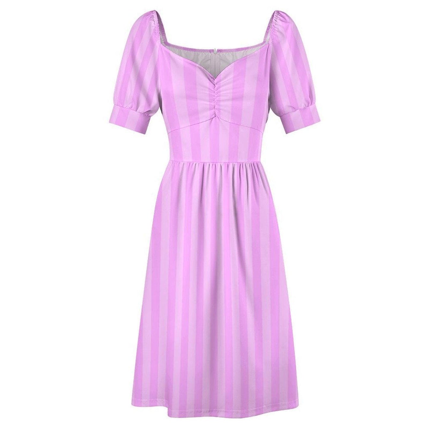 Lilac stripe midi dress, pastel purple sundress, puff sleeve tea dress, romantic sweetheart neckline, spring garden party outfit