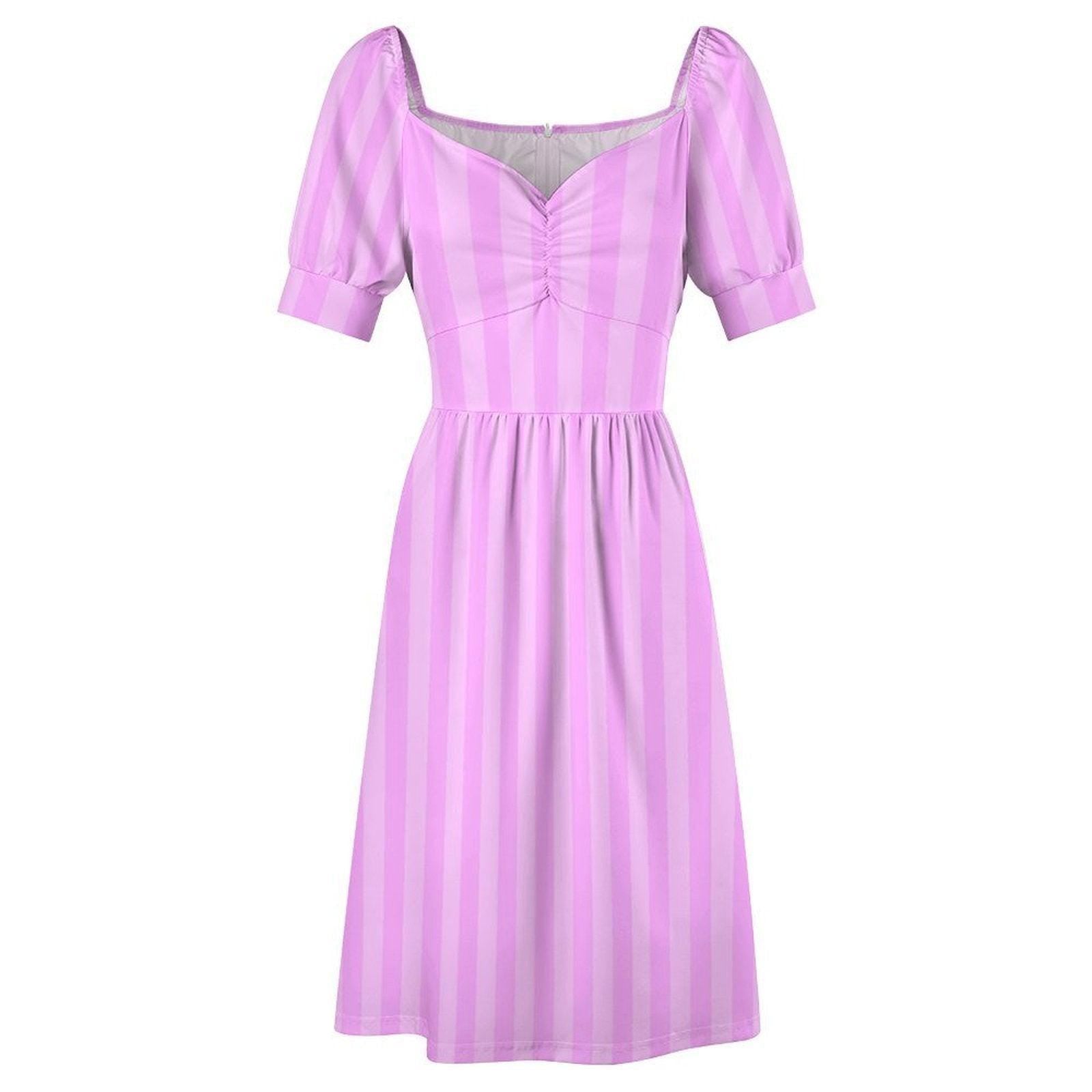 Lilac stripe midi dress, pastel purple sundress, puff sleeve tea dress, romantic sweetheart neckline, spring garden party outfit