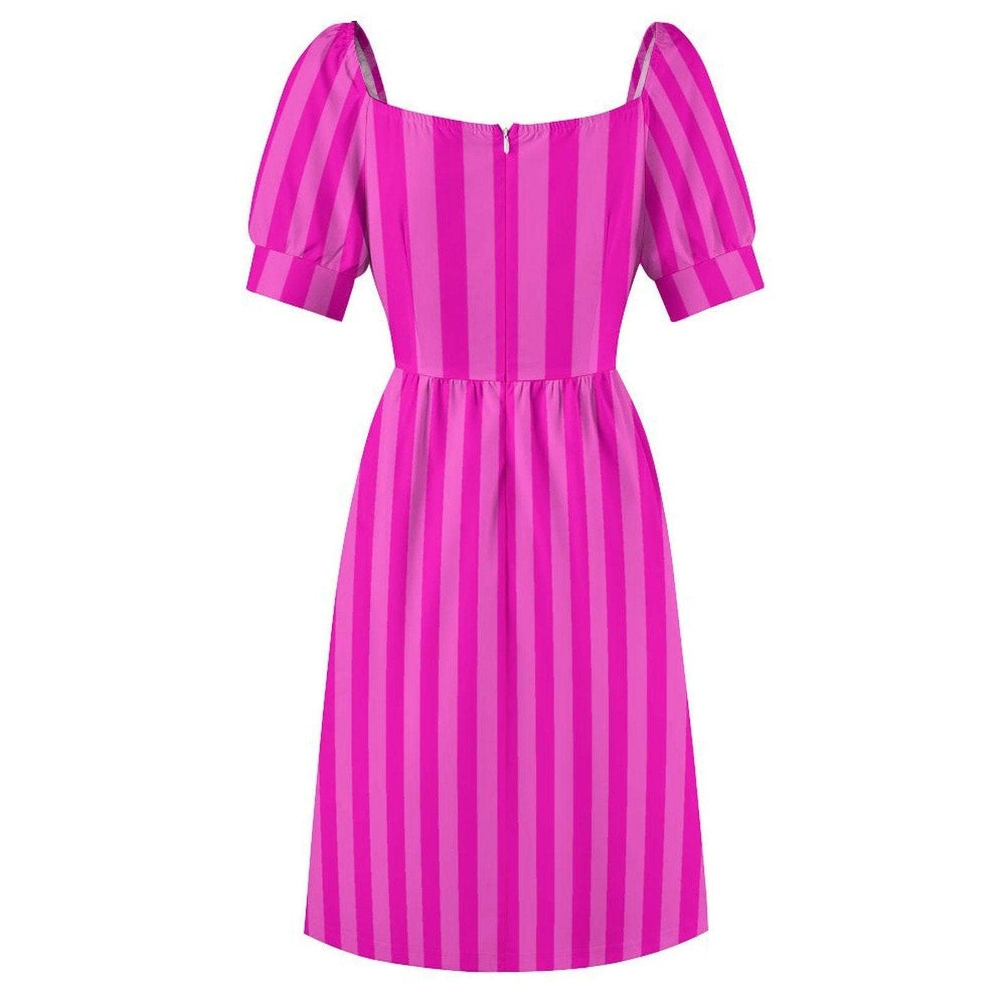 Fuchsia Sweetheart Dress, Striped Day Dress, Puff Sleeve Vacation Outfit for Women