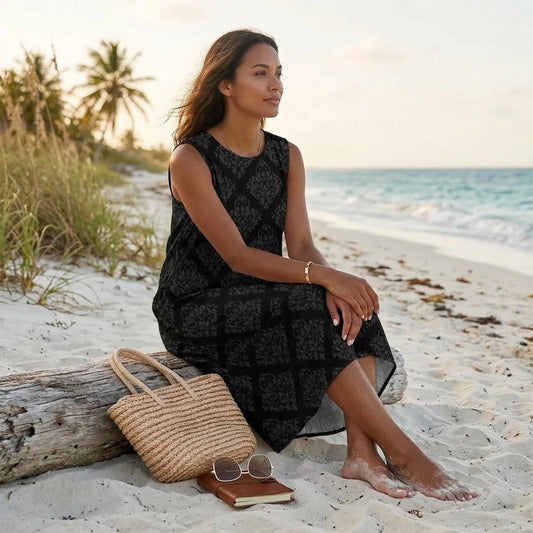 Black Damask Beach Dress, Sleeveless Resort Midi, Baroque Cover Up, Vacation Shift Dress