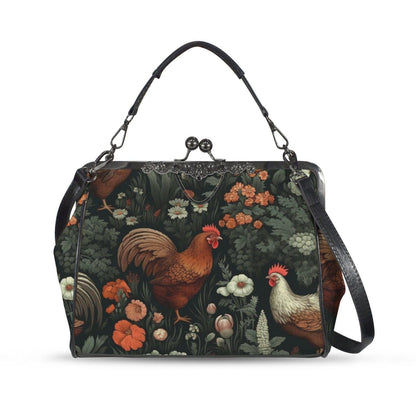 Rooster Floral Kisslock Bag, Vintage Cottage Farmhouse Handbag, Chicken Print Purse