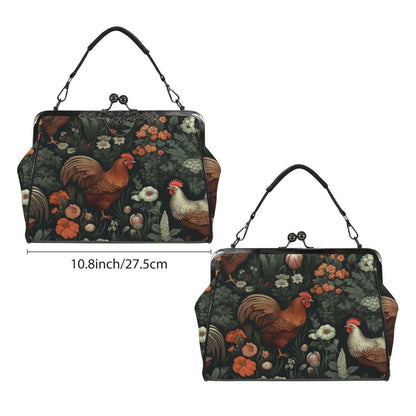 Rooster Floral Kisslock Bag, Vintage Cottage Farmhouse Handbag, Chicken Print Purse