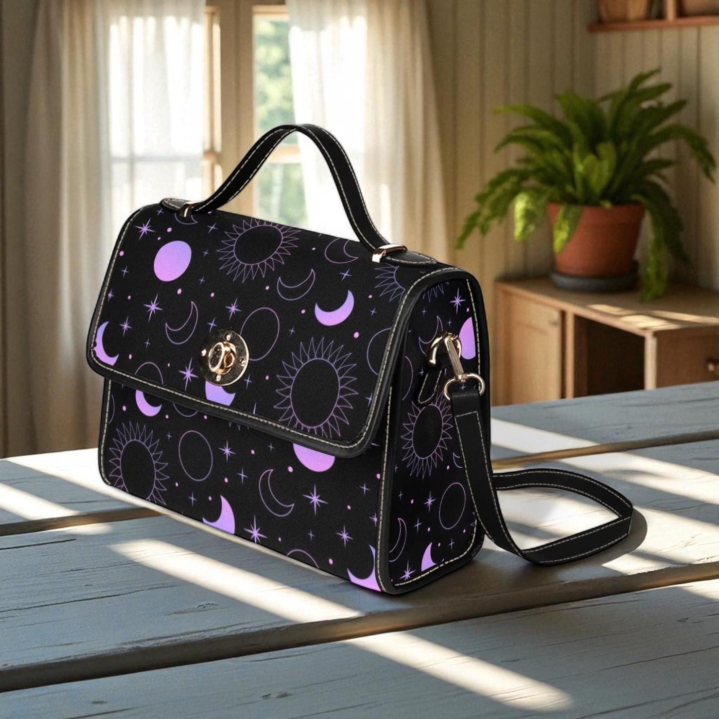 Purple Celestial Moon, Witchcore Star Print Bag, Astro Moon Phases Purse, Cosmic Night Crossbody, Galaxy Sky Shoulder Bag, Space Goth Style