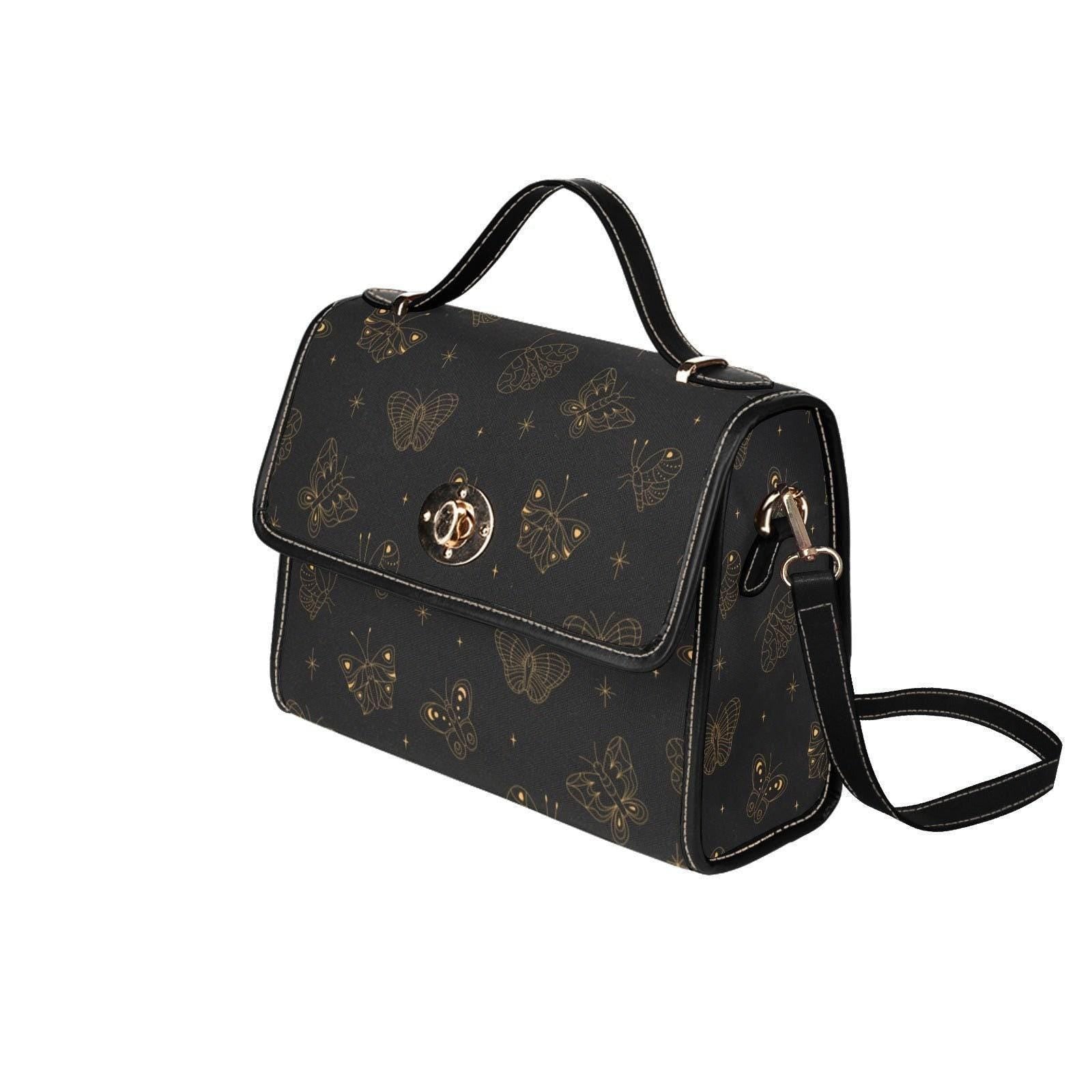 Golden Butterfly Crossbody Bag, Gothic Celestial Purse, Witchy Cottagecore Gift, Waterproof Canvas