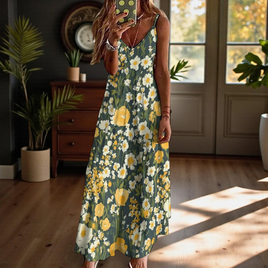 Yellow Daisy Floral Maxi Dress, Cottagecore Garden Sundress, Soft Girl Spring Summer Outfit
