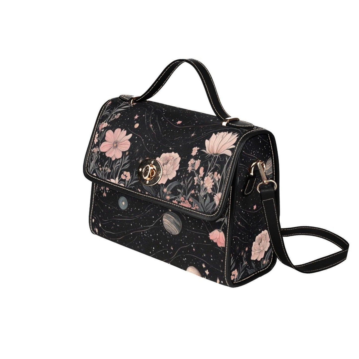 Floral Cosmos Satchel, Celestial Botanical Purse, Astrology Galaxy Bag