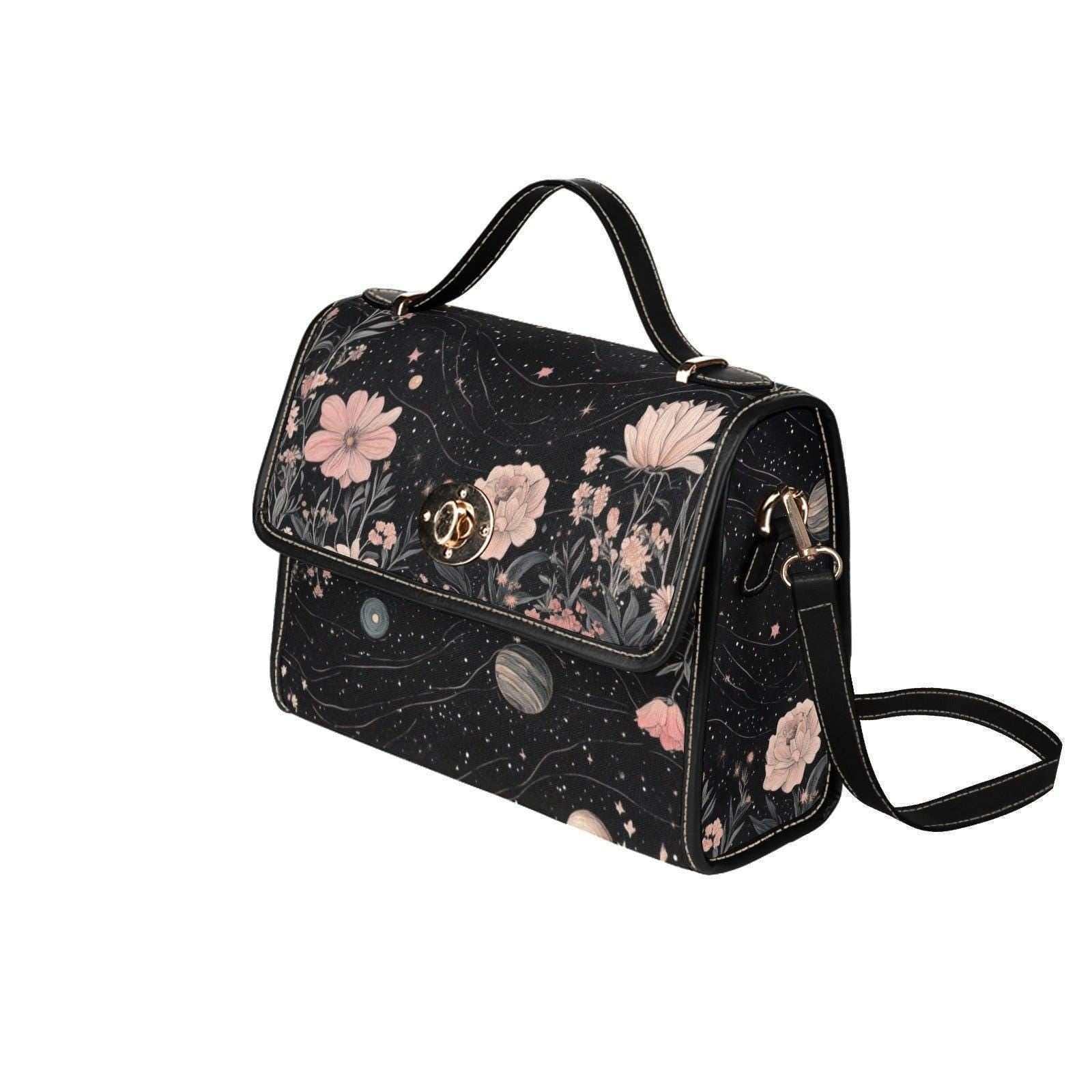 Floral Cosmos Satchel, Celestial Botanical Purse, Astrology Galaxy Bag