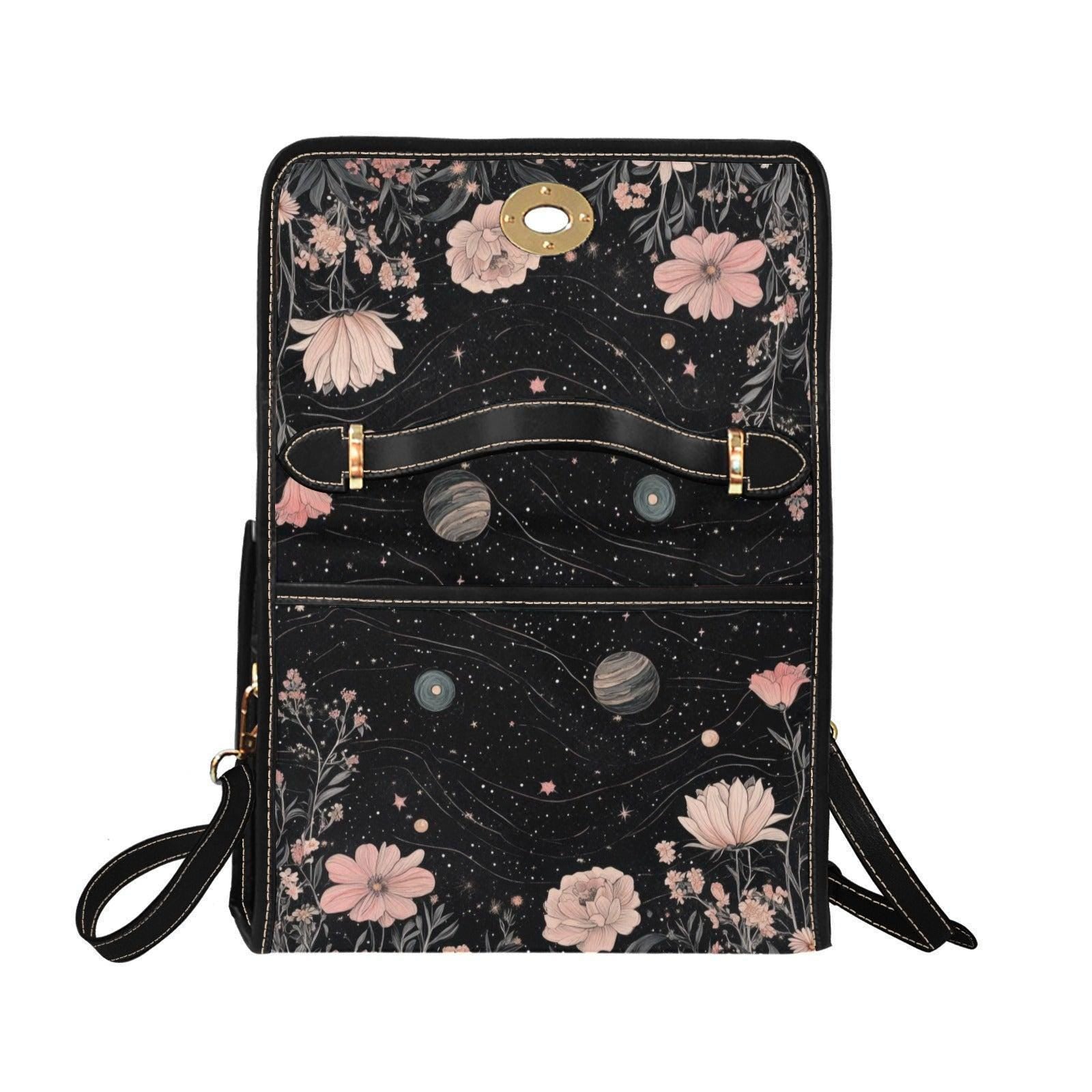 Floral Cosmos Satchel, Celestial Botanical Purse, Astrology Galaxy Bag