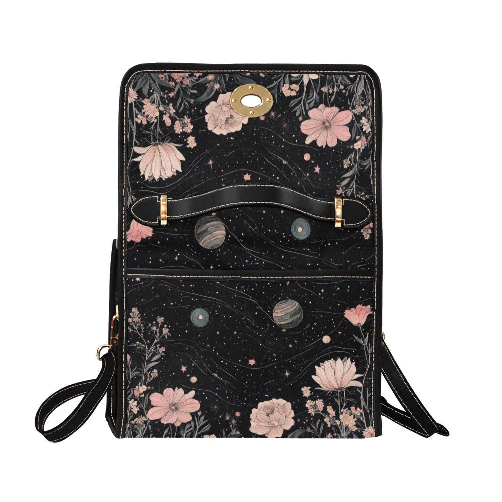 Floral Cosmos Satchel, Celestial Botanical Purse, Astrology Galaxy Bag