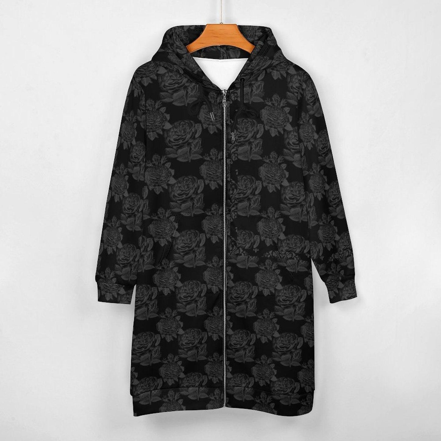 Black Rose Hooded Cardigan Goth Zip Duster Long Floral Jacket for Women