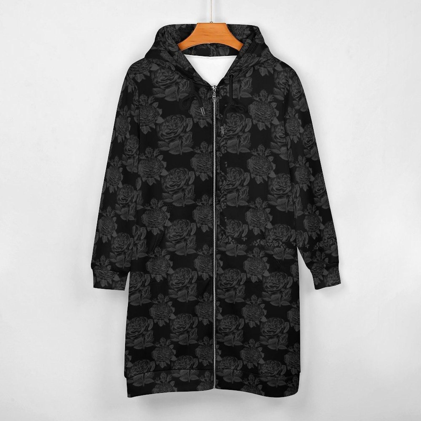 Black Rose Hooded Cardigan Goth Zip Duster Long Floral Jacket for Women
