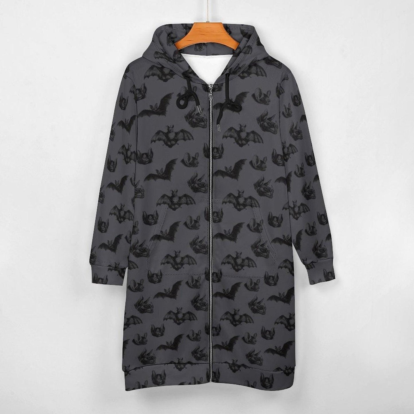 Bat Print Hooded Cardigan, Gothic Long Zip Hoodie, Halloween Duster Jacket for Women