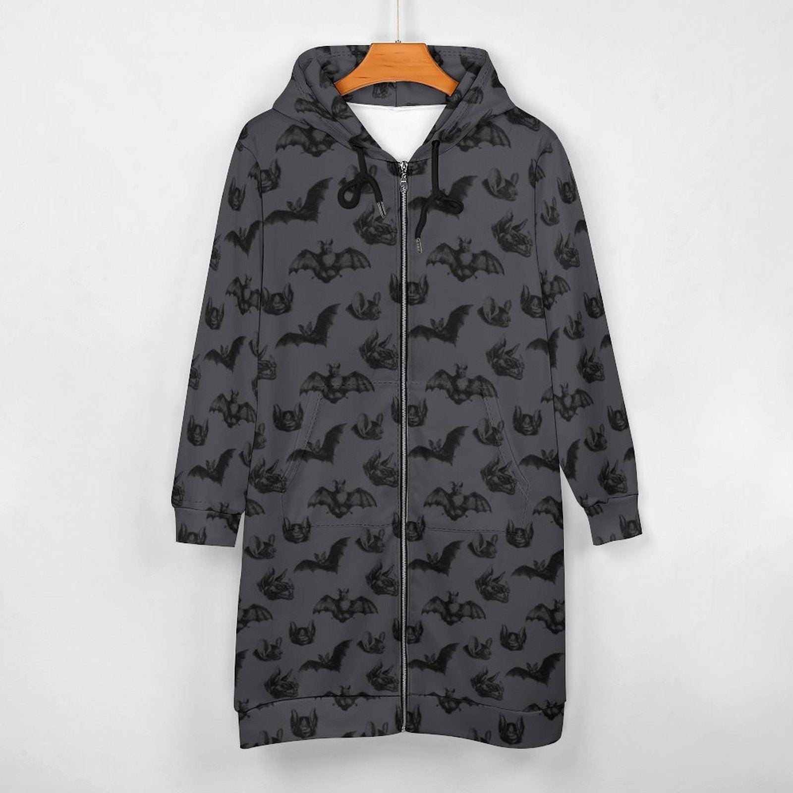Bat Print Hooded Cardigan, Gothic Long Zip Hoodie, Halloween Duster Jacket for Women