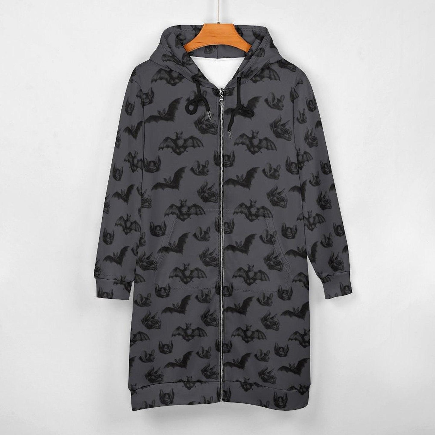 Bat Print Hooded Cardigan, Gothic Long Zip Hoodie, Halloween Duster Jacket for Women