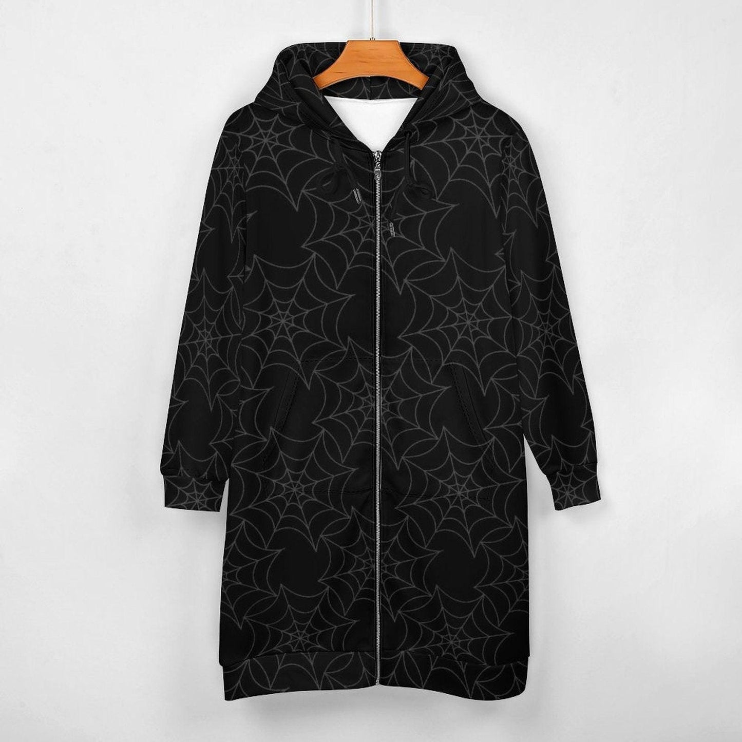 Black Spiderweb Hooded Duster, Gothic Long Cardigan, Halloween Layering Coat, Witchy Zip Robe
