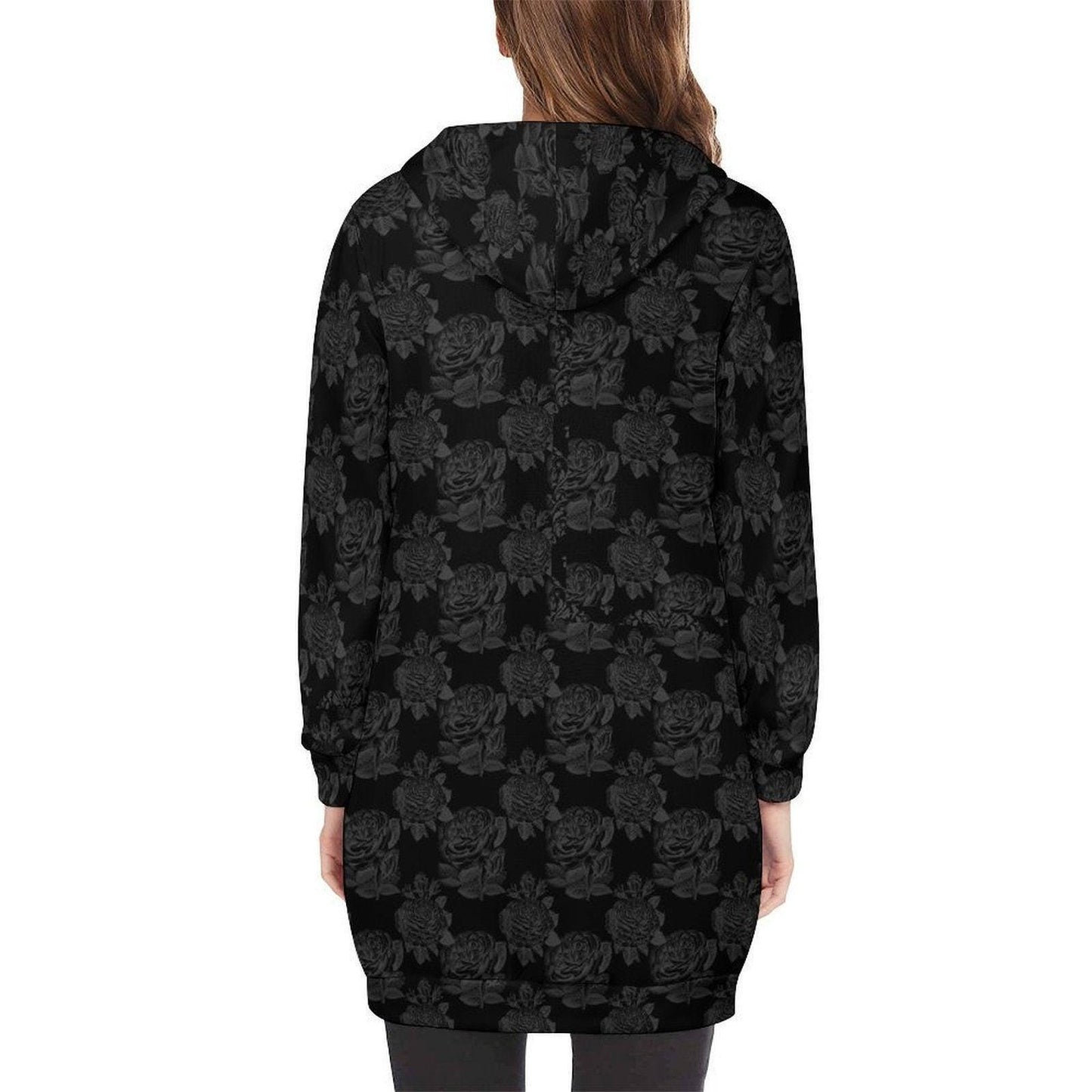 Black Rose Hooded Cardigan Goth Zip Duster Long Floral Jacket for Women