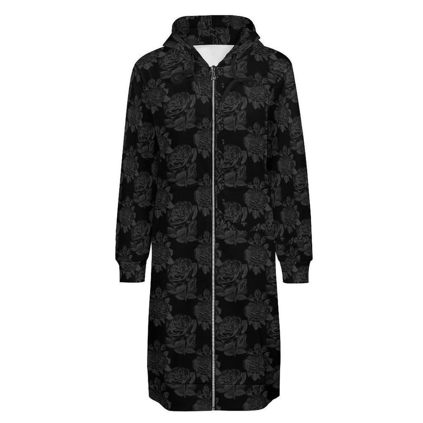 Black Rose Hooded Cardigan Goth Zip Duster Long Floral Jacket for Women