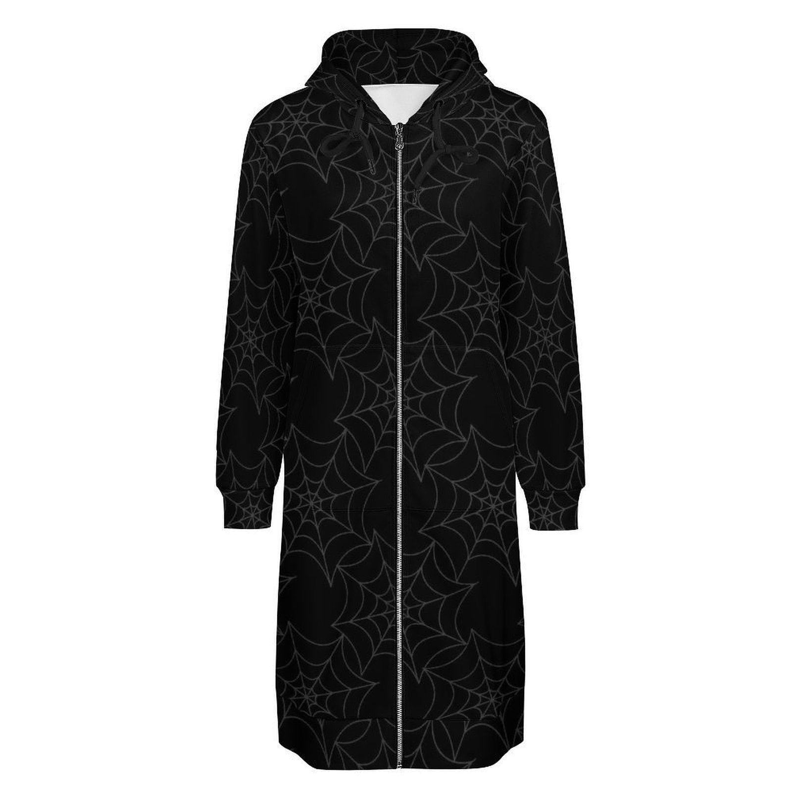 Black Spiderweb Hooded Duster, Gothic Long Cardigan, Halloween Layering Coat, Witchy Zip Robe