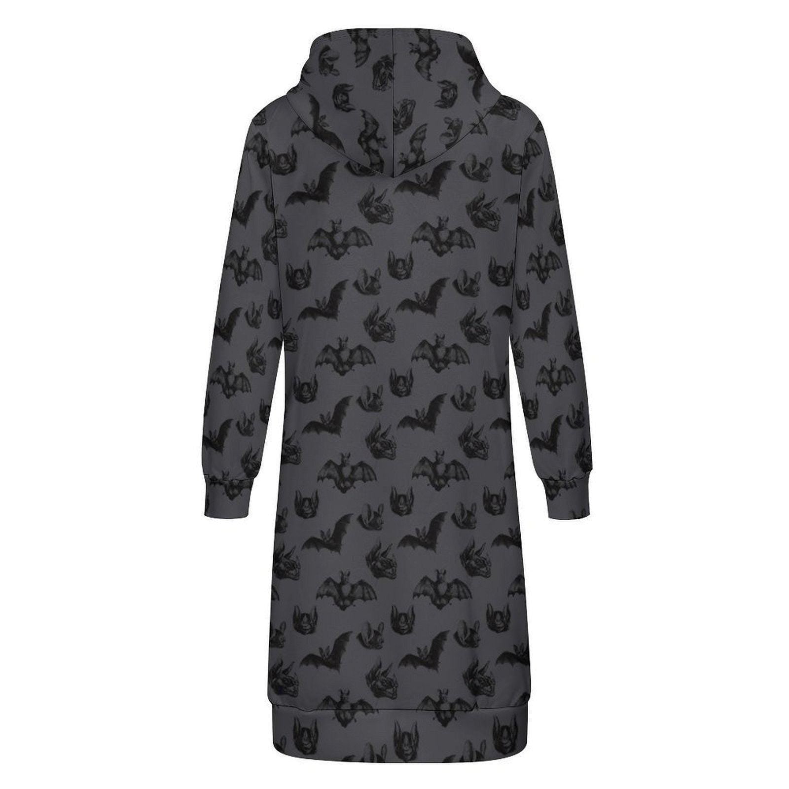Bat Print Hooded Cardigan, Gothic Long Zip Hoodie, Halloween Duster Jacket for Women