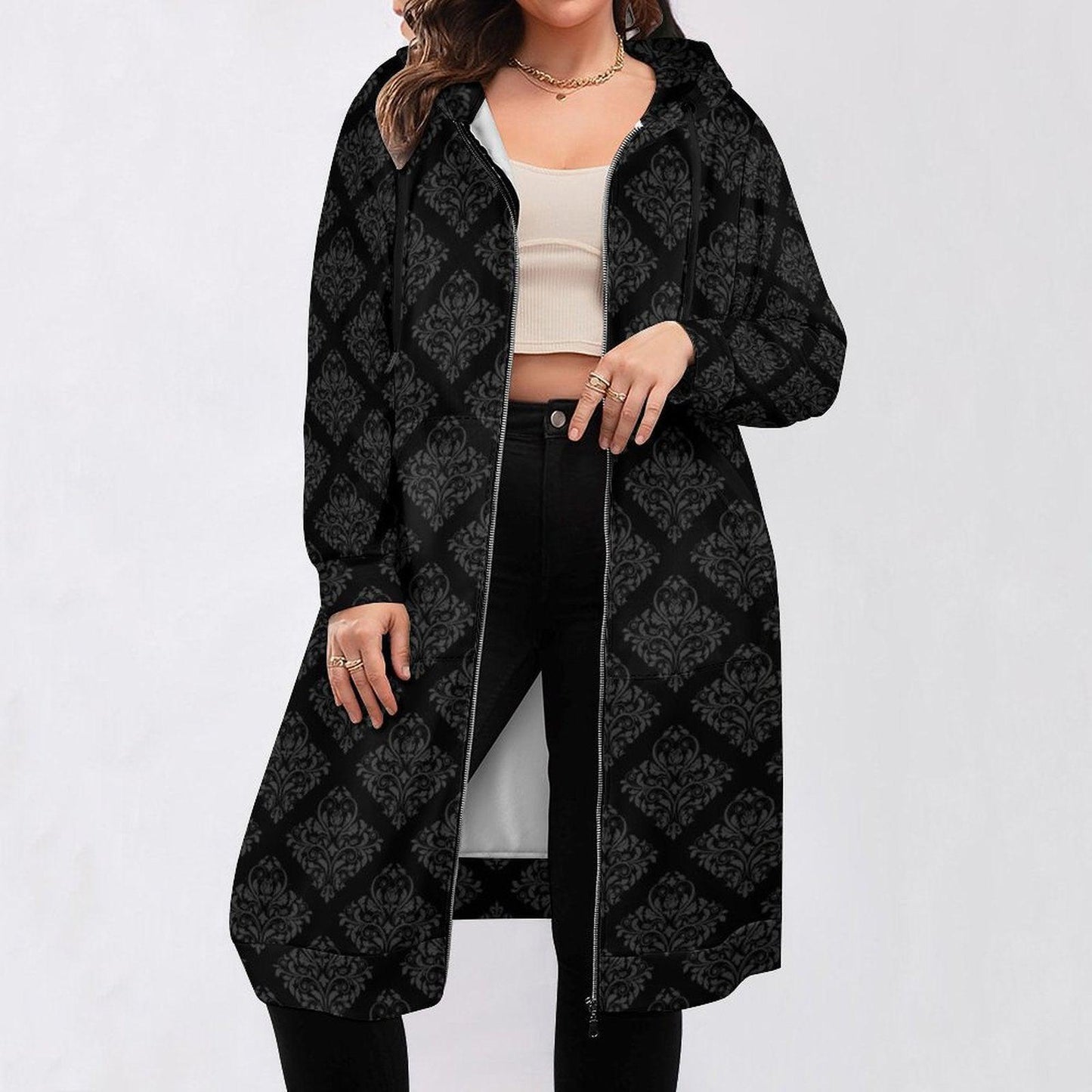 Damask Hooded Cardigan Black Baroque Longline Duster Coat for Women