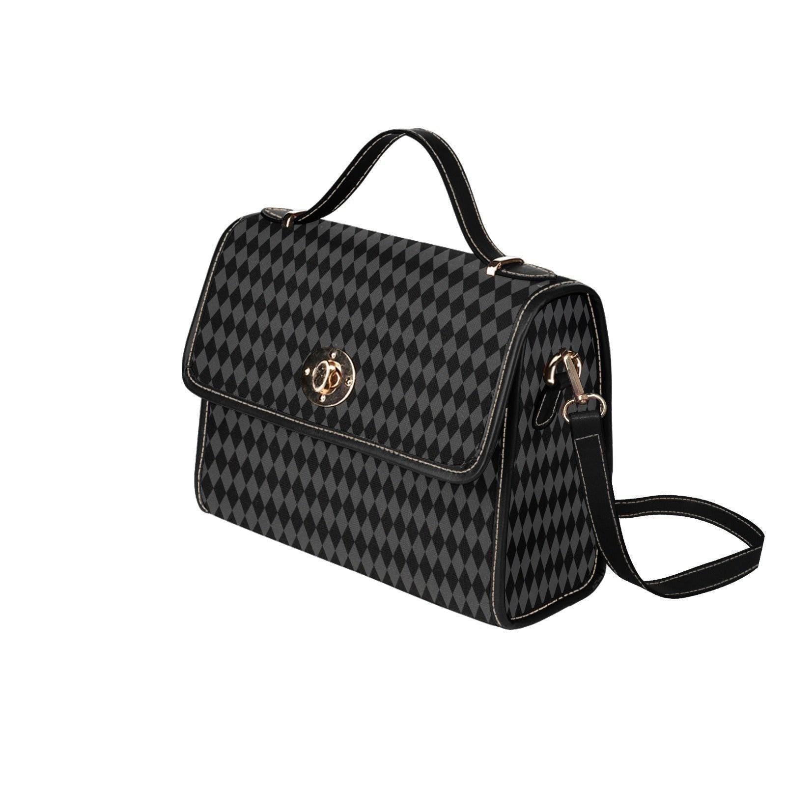 Black harlequin top handle bag, diamond print satchel purse, gothic vintage style handbag, dark alt fashion accessory