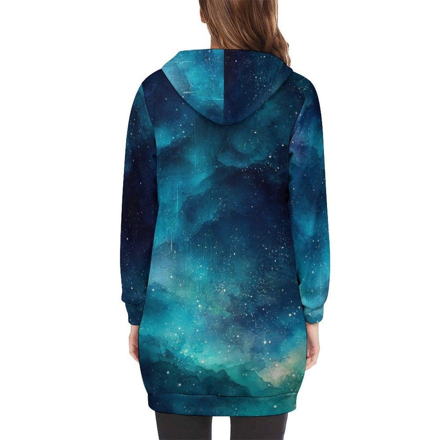 Blue galaxy hooded cardigan, long zip hoodie coat, watercolor star print outerwear, celestial layered jacket
