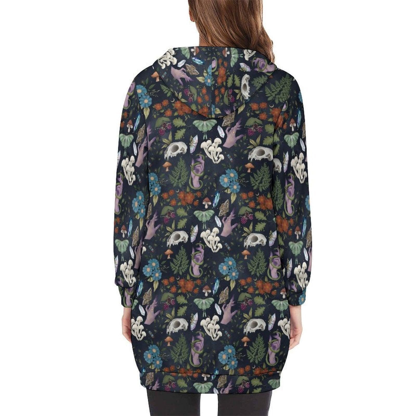 Forest Skull and Snake Print Long Zip Hoodie Coat, Moody Botanical Layer, Dark Woodland Fashion