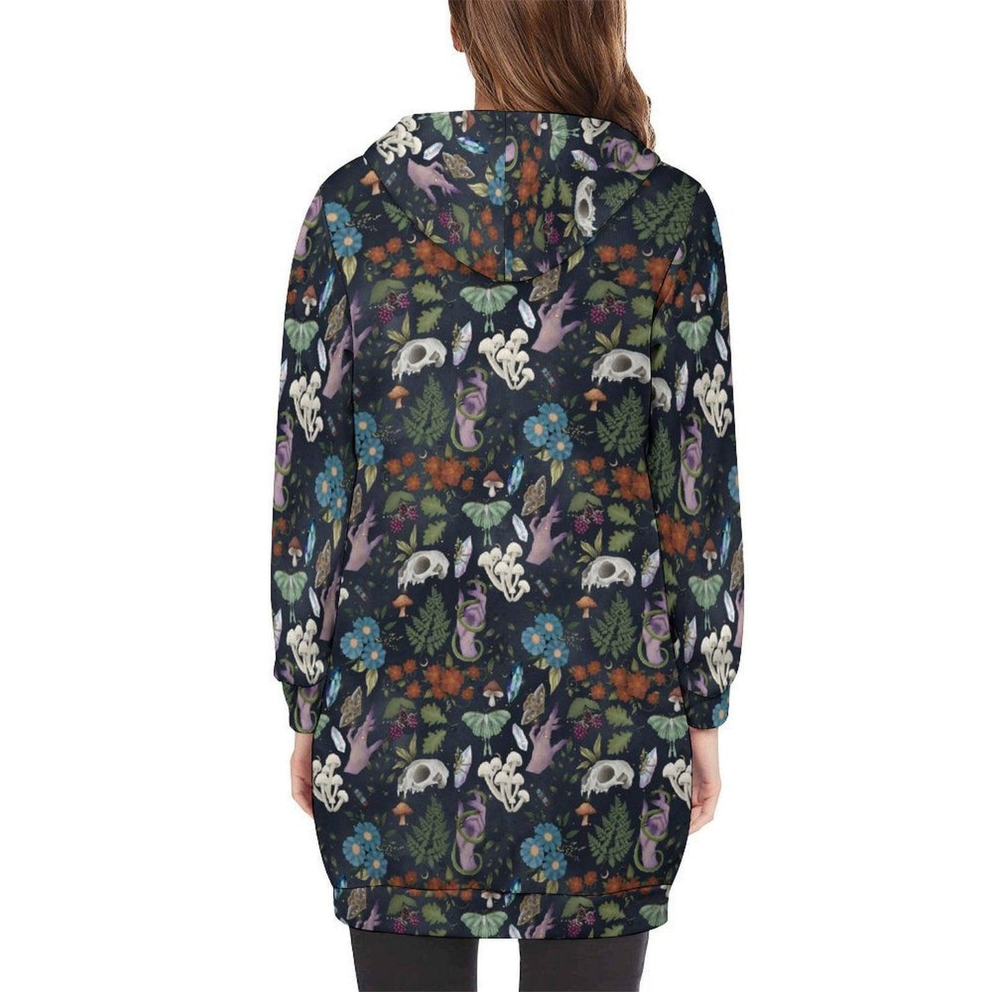 Forest Skull and Snake Print Long Zip Hoodie Coat, Moody Botanical Layer, Dark Woodland Fashion
