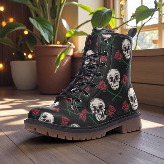 Skull Roses Combat Boots – Gothic Pastel Goth Biker Footwear Alternative Style