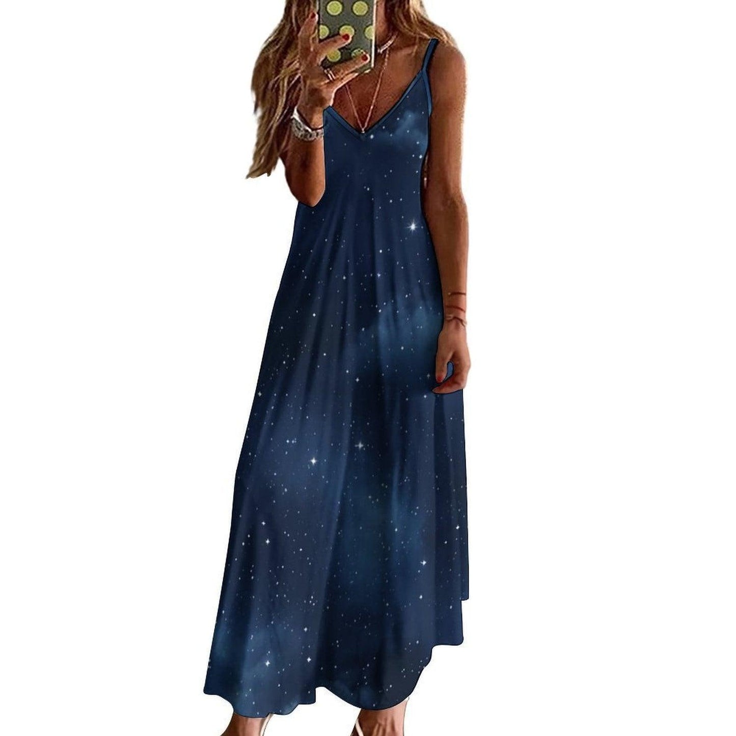 Galaxy night dress, Dark starry maxi, Witchcore summer outfit, Celestial print sundress, Cosmic sky fashion, Moonlit night gown, Star field
