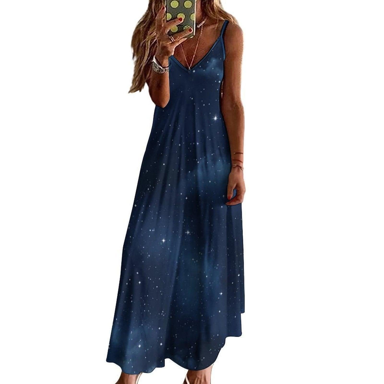 Galaxy night dress, Dark starry maxi, Witchcore summer outfit, Celestial print sundress, Cosmic sky fashion, Moonlit night gown, Star field