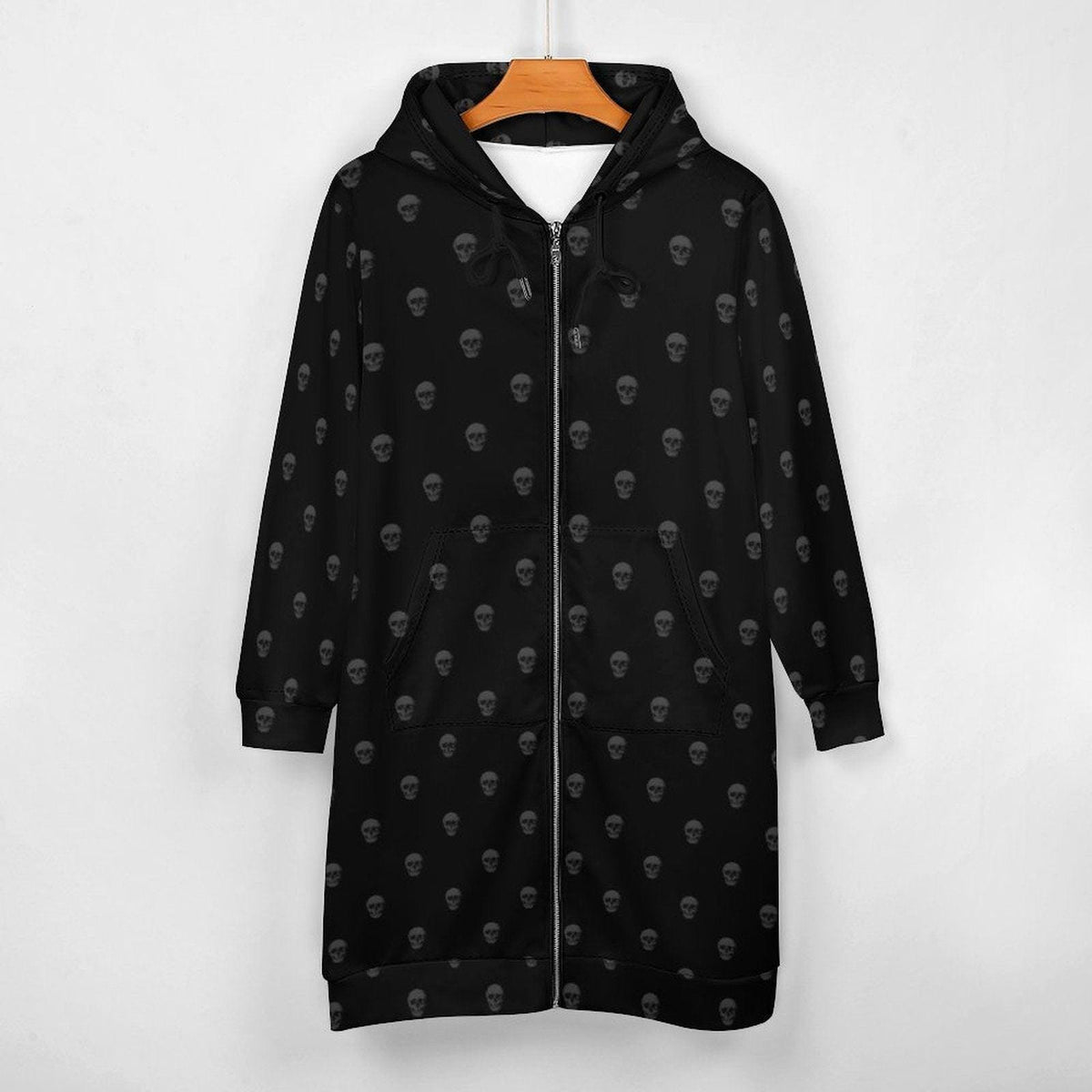 Black Skull Hooded Cardigan, Long Zip Hoodie, Gothic Duster Jacket