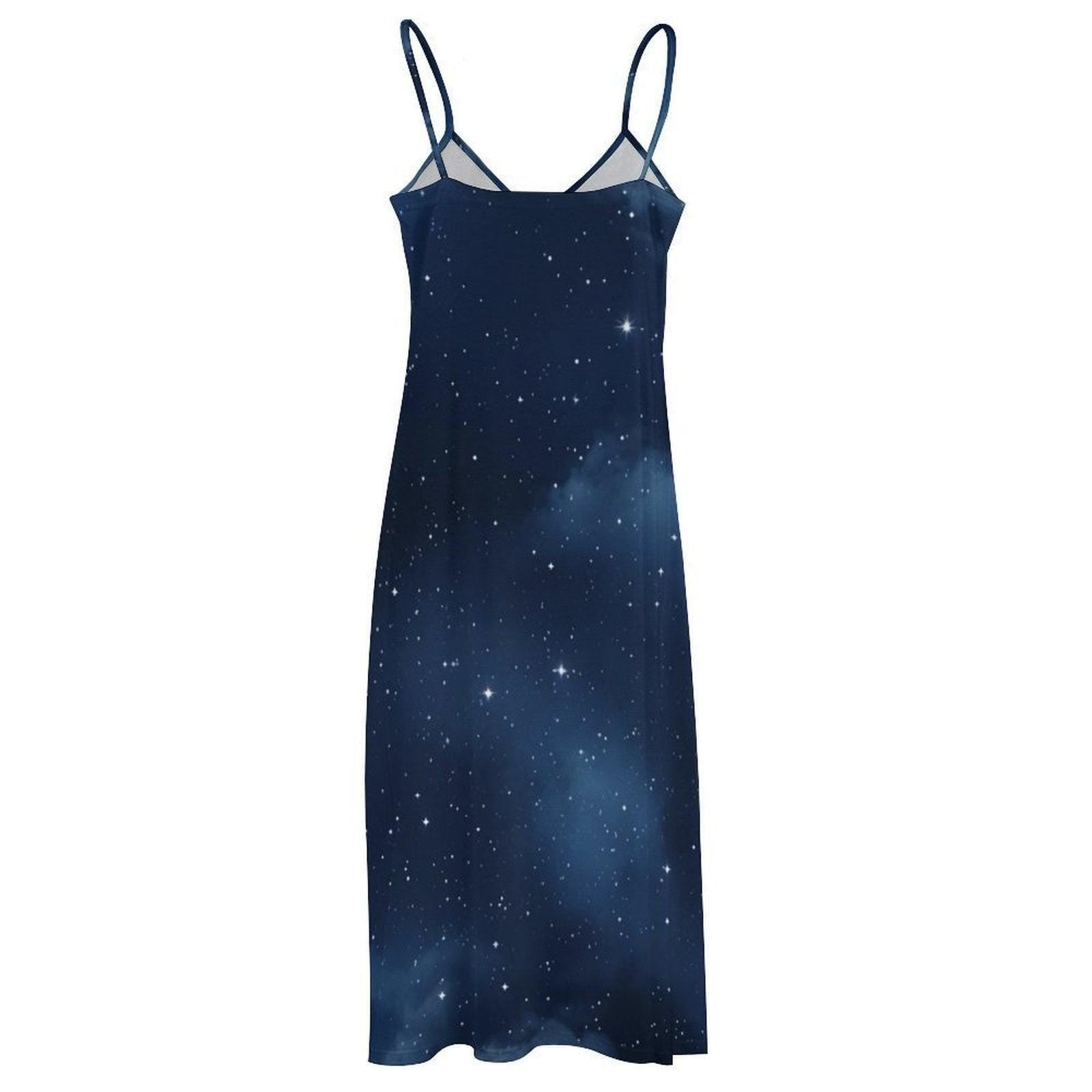 Galaxy night dress, Dark starry maxi, Witchcore summer outfit, Celestial print sundress, Cosmic sky fashion, Moonlit night gown, Star field