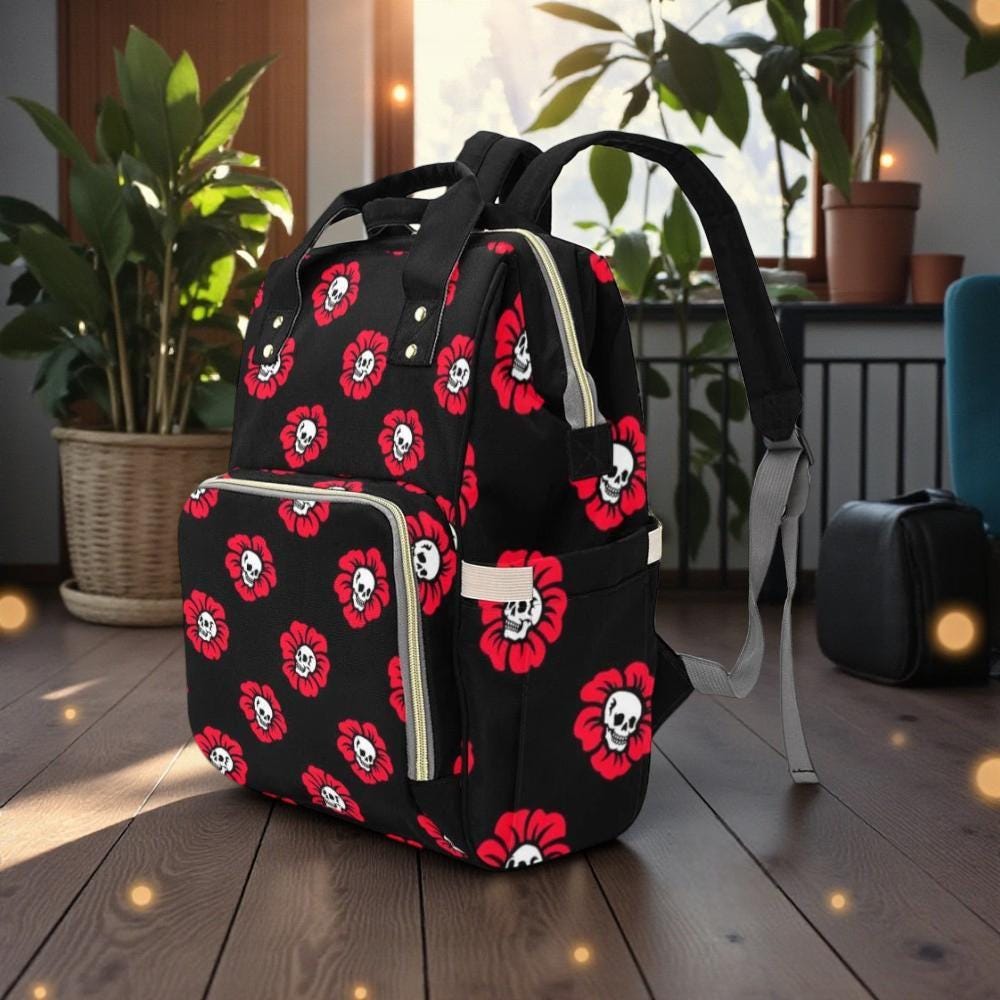 Skull Flower Backpack, Gothic Floral Bag, Witchy Gift for Her, Festival and Everyday Use