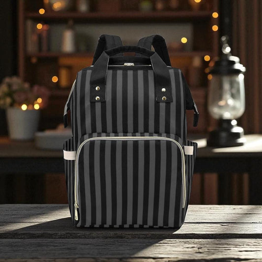 Black Striped Backpack, Gothic Diaper Bag, Dark Academia Organizer, Witchy Mom Tote, Alternative Baby Gear,Elegant Goth Gift,Goth Travel Bag