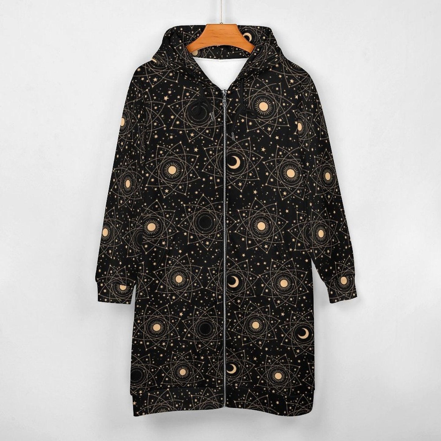 Celestial Moon Sun Hoodie Cardigan, Long Zip Hooded Coat, Witchy Star Print Outerwear for Women