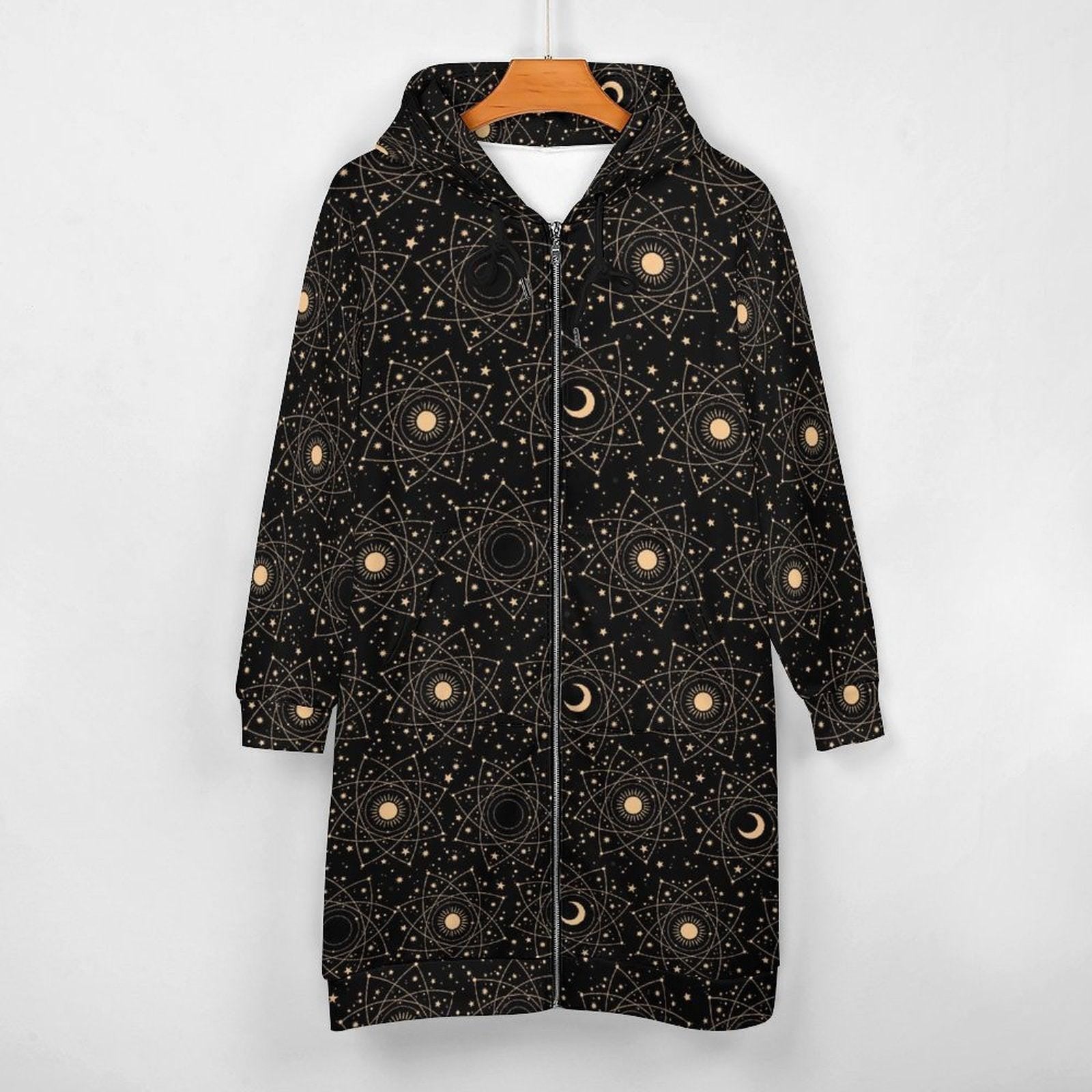 Celestial Moon Sun Hoodie Cardigan, Long Zip Hooded Coat, Witchy Star Print Outerwear for Women