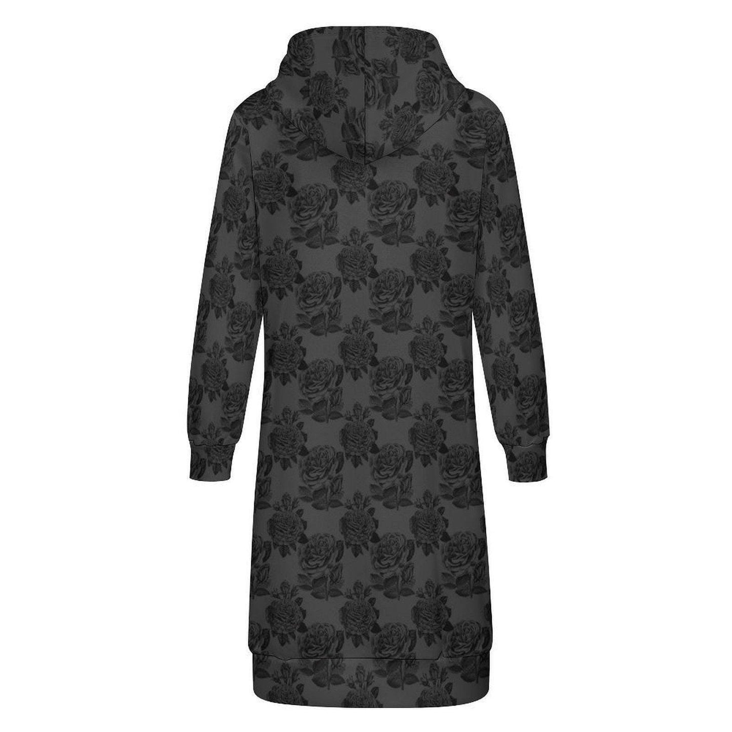 Black Rose Long Hooded Jacket, Dark Floral Zip Coat