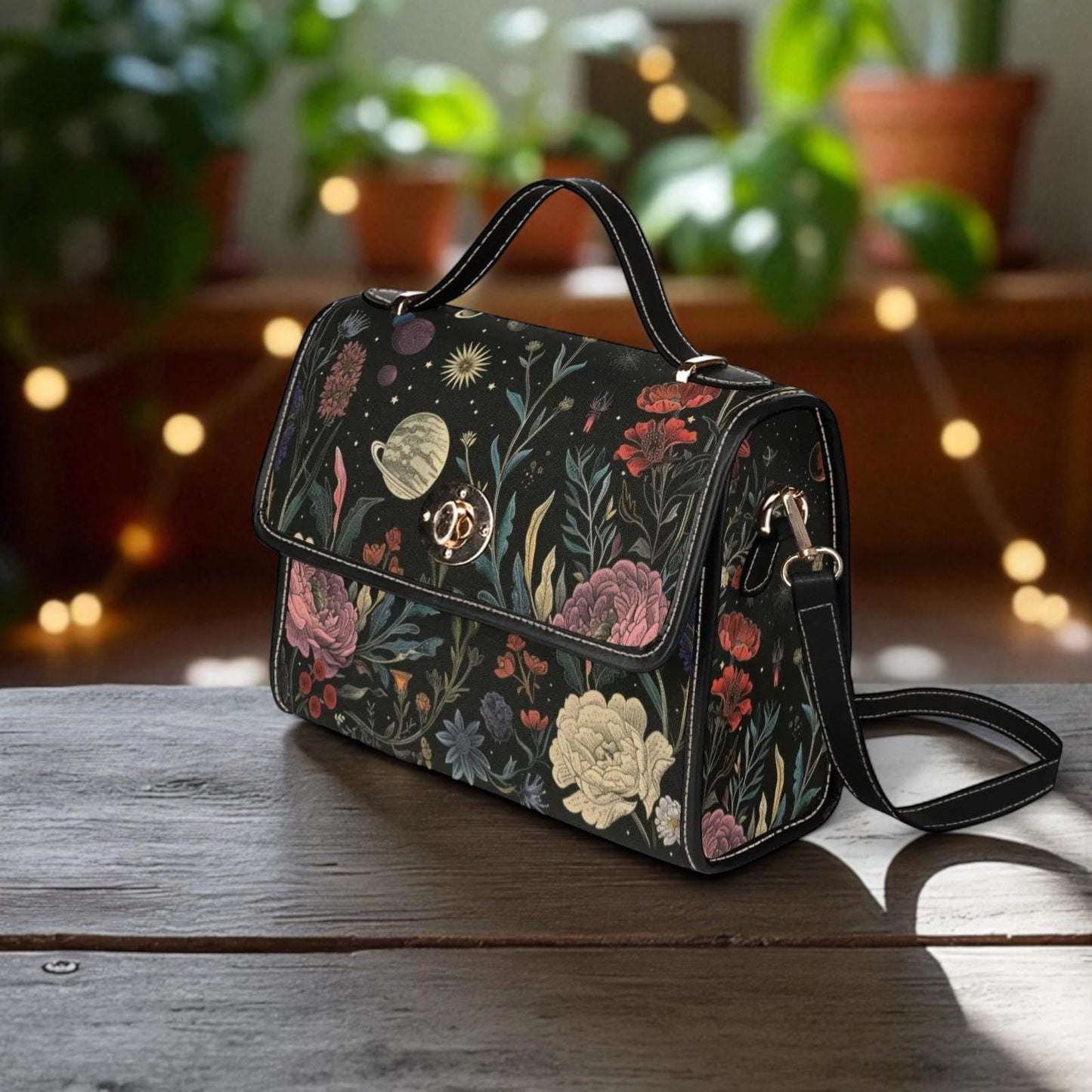 Celestial Botanical Floral Handbag, Starry Night Purse