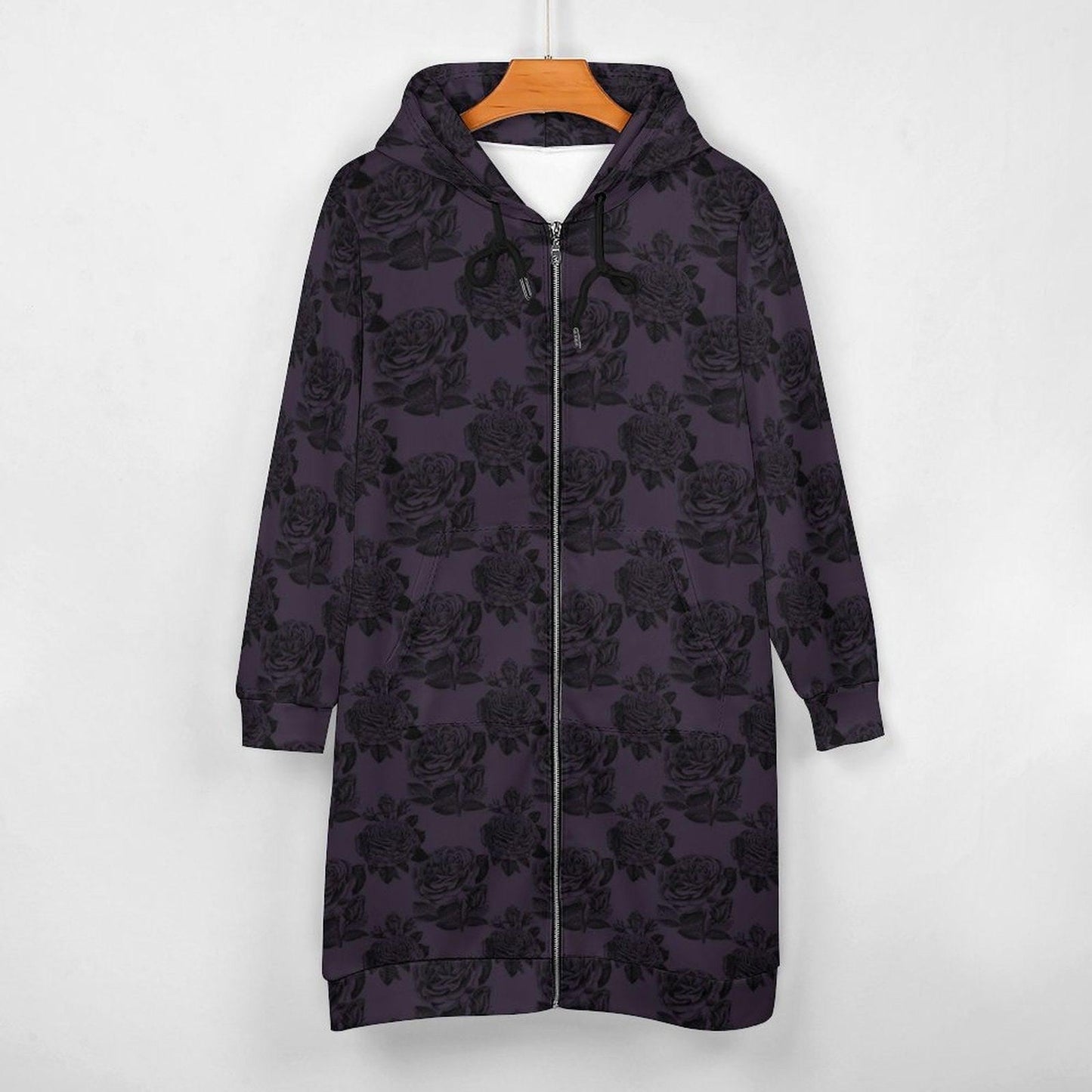 Black Rose Hooded Duster, Purple Floral Zip Cardigan, Romantic Goth Longline Jacket