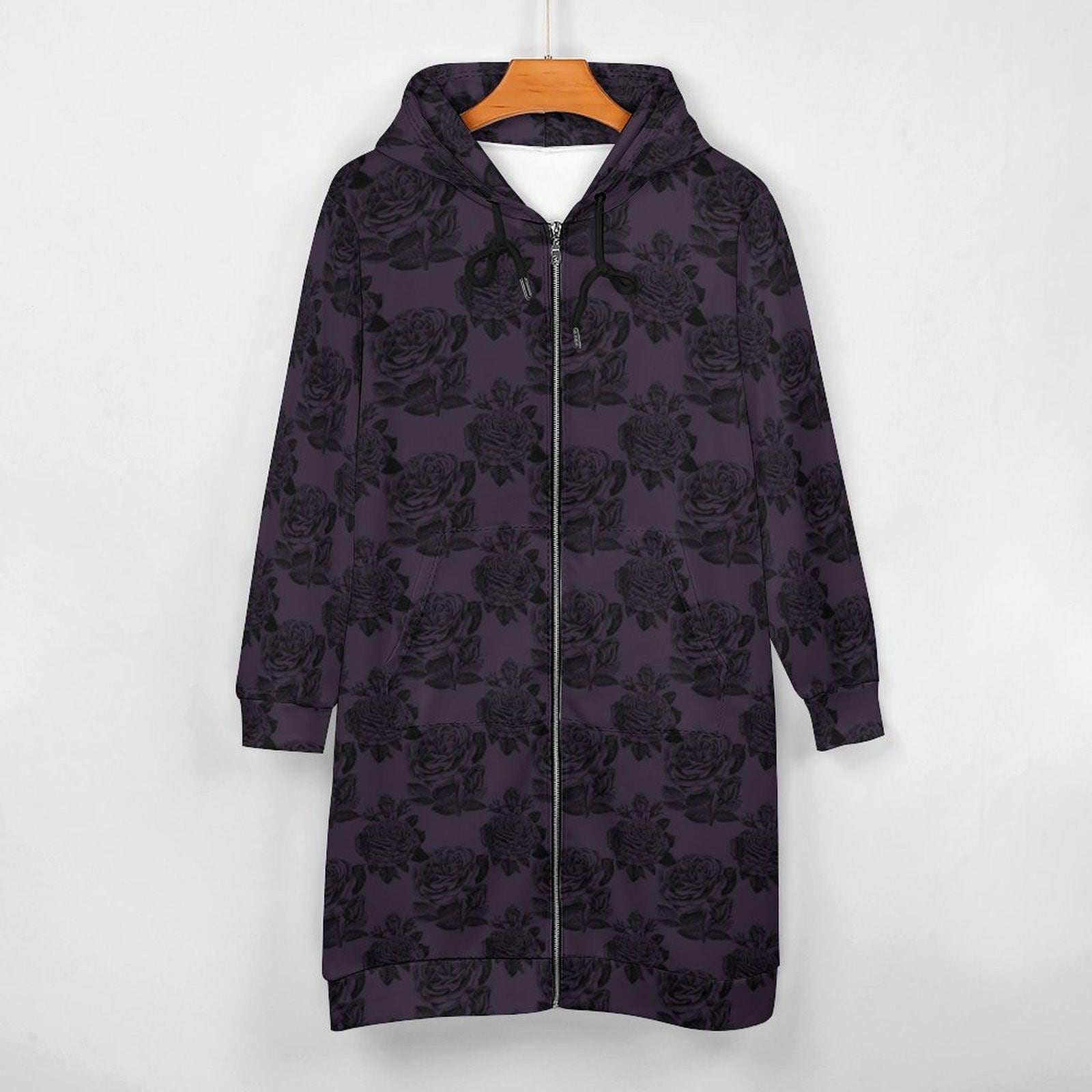 Black Rose Hooded Duster, Purple Floral Zip Cardigan, Romantic Goth Longline Jacket