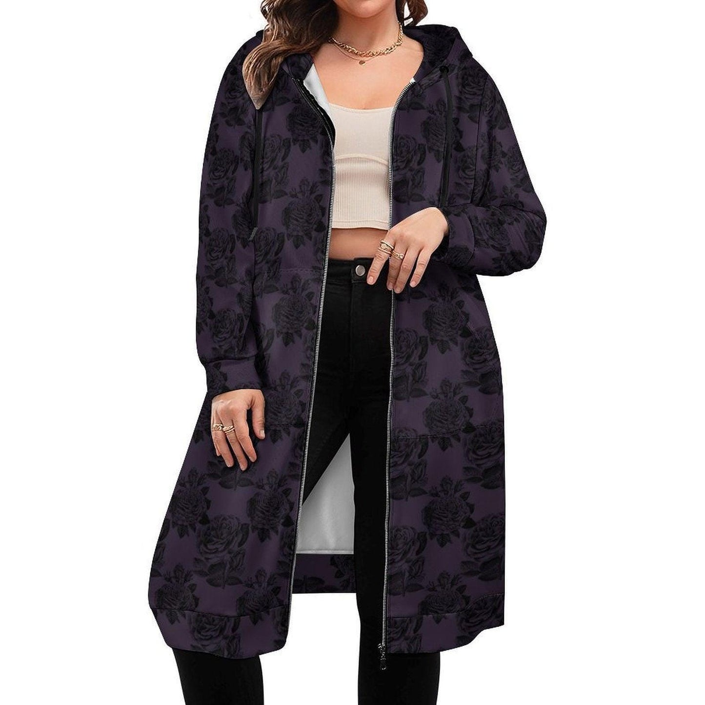 Black Rose Hooded Duster, Purple Floral Zip Cardigan, Romantic Goth Longline Jacket