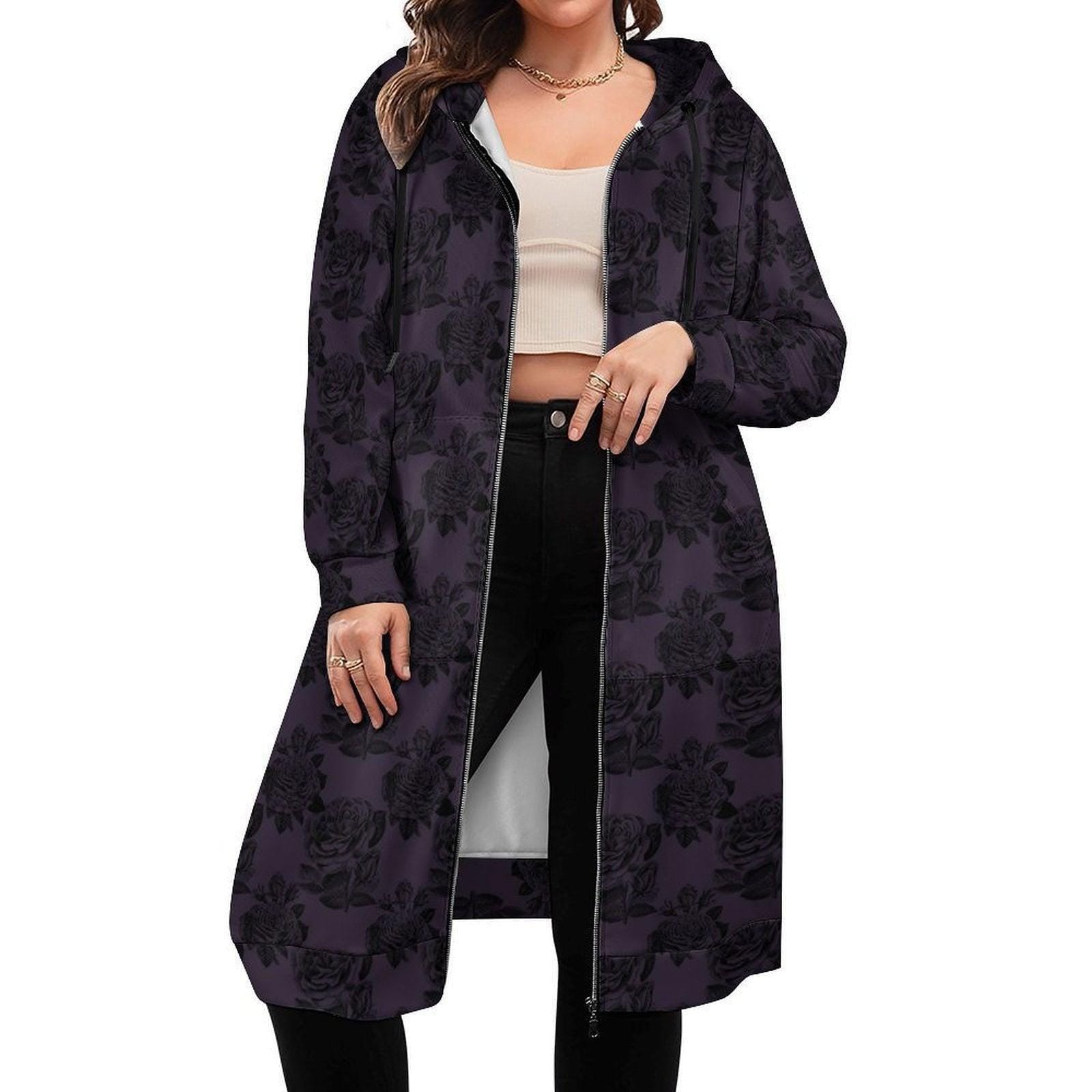 Black Rose Hooded Duster, Purple Floral Zip Cardigan, Romantic Goth Longline Jacket