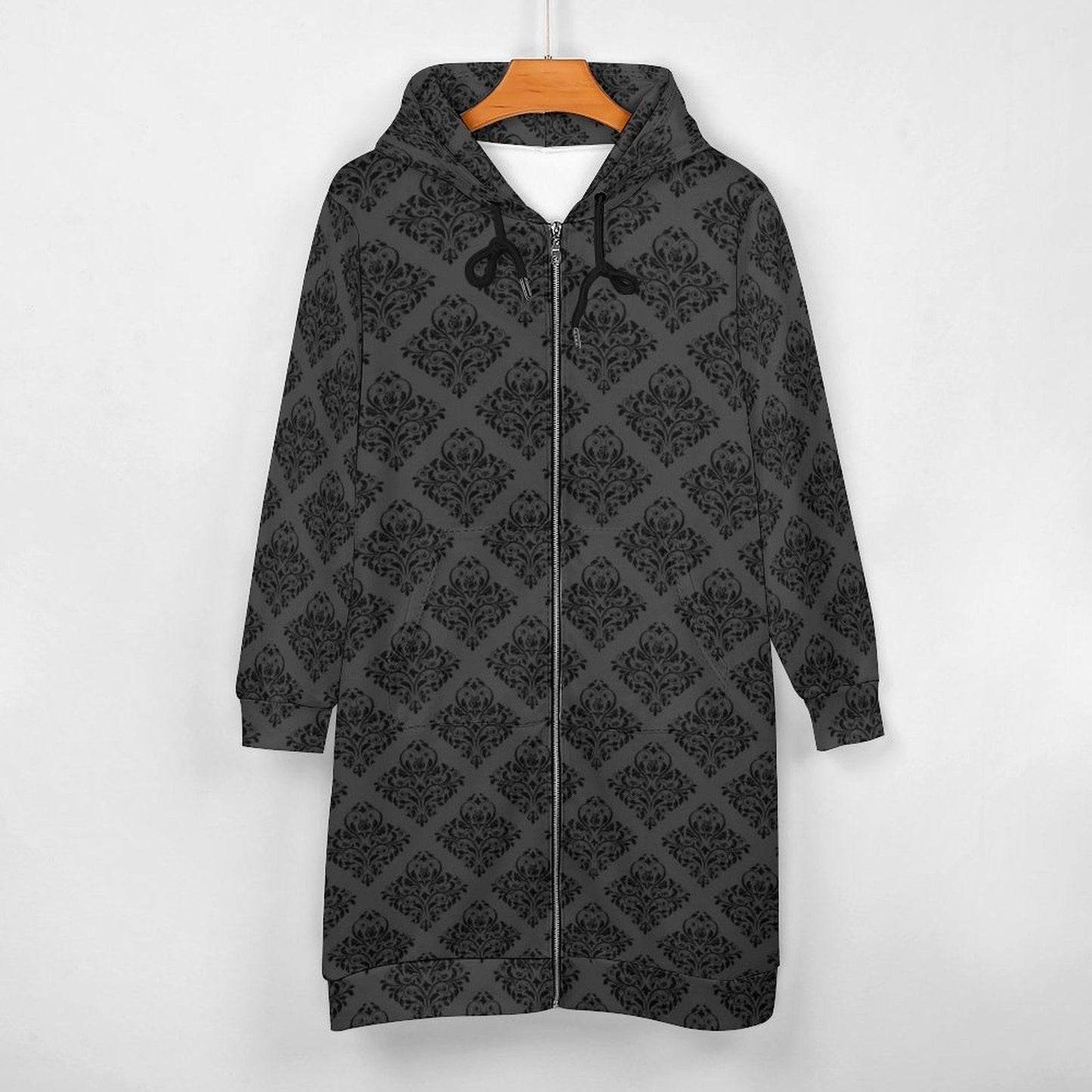 Damask Hooded Cardigan, Victorian Goth Zip Coat, Baroque Longline Hoodie