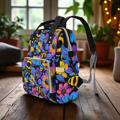 Bee Floral Diaper Backpack with Bold Botanical Print, Nature-Inspired Baby Bag for Moms