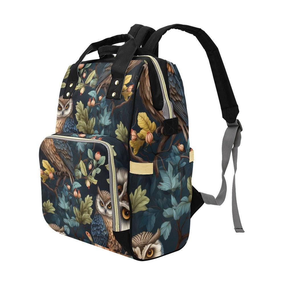 Owl Forest Illustration Diaper Backpack with Vintage Botanical Artwork, Woodland Baby Bag, Nature Print Backpack