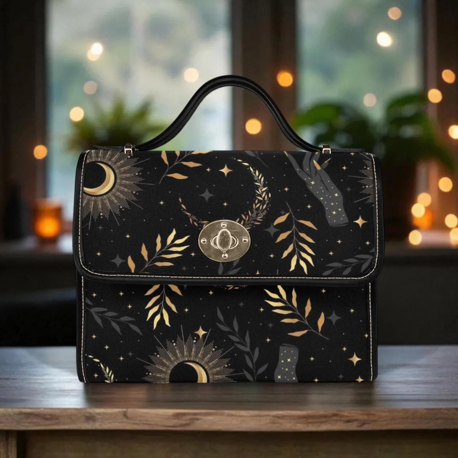 Celestial Moon Satchel Bag with Gold Botanical Night Print